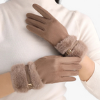 Damen Handschuhe in Wildlederoptik mit Fellbündchen und Schnalle – Gefütterte Winterhandschuhe, Herbst Winter
