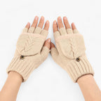 Damen Strickhandschuhe mit Klappe – Fingerlose Handschuhe und Fäustlinge in einem, Herbst Winter