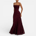 Damen Abendkleid lang aus Spitze mit Spaghettiträgern