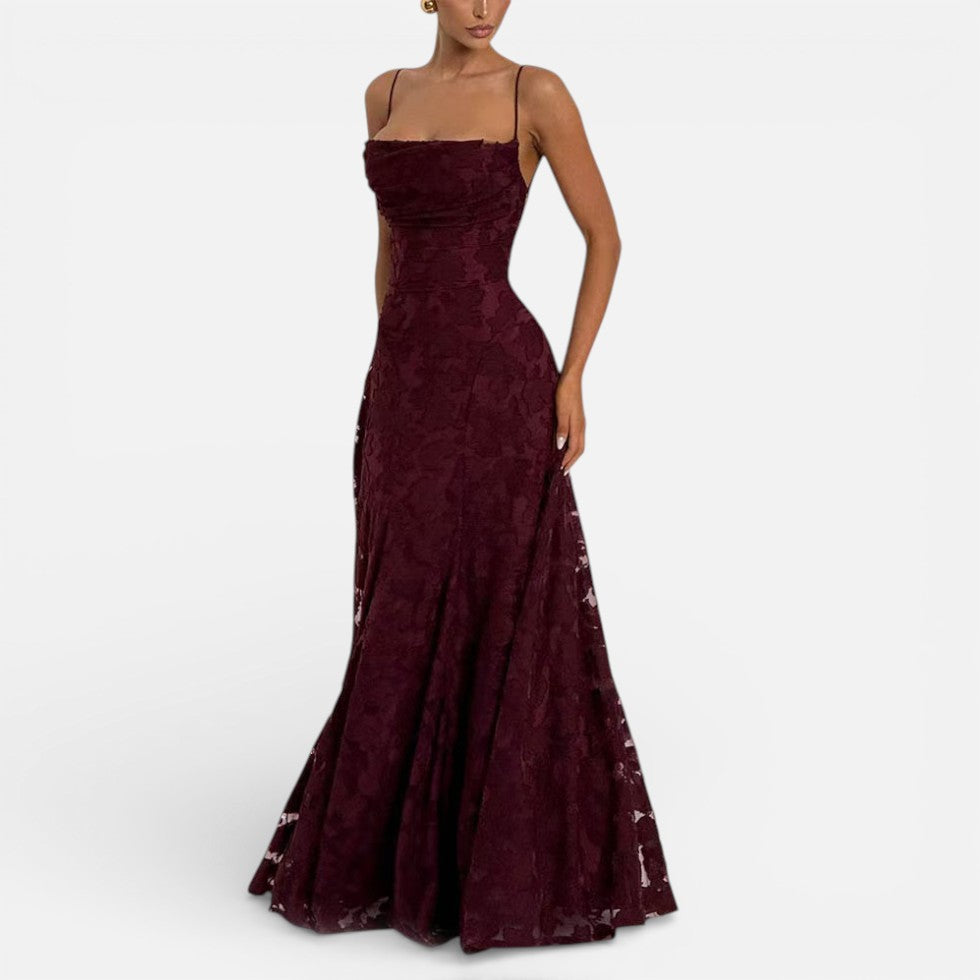 Damen Abendkleid lang aus Spitze mit Spaghettiträgern