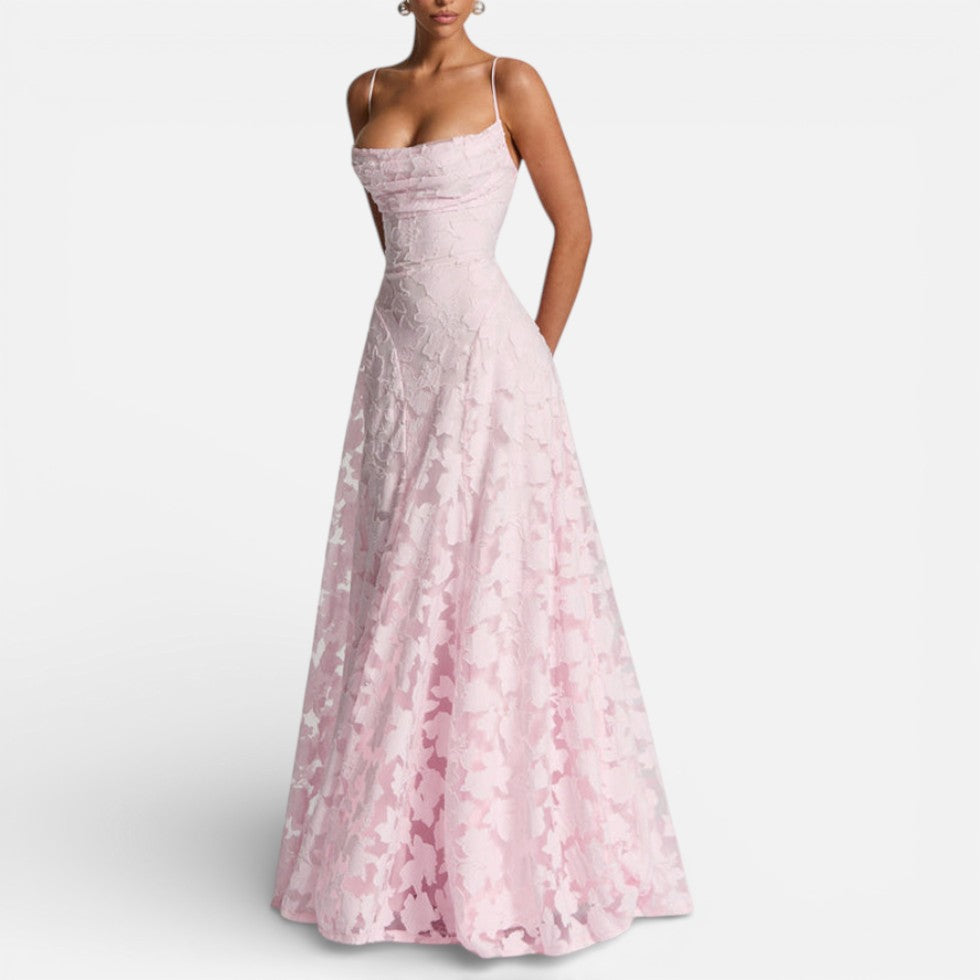 Damen Abendkleid lang aus Spitze mit Spaghettiträgern