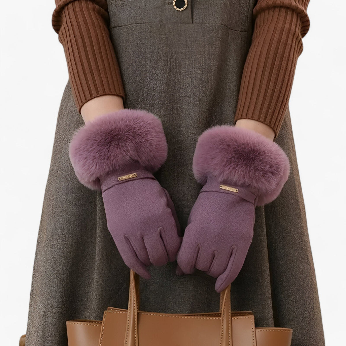 Damen Handschuhe in Wildlederoptik mit großem Fellbündchen – Touchscreen-Winterhandschuhe, Herbst Winter