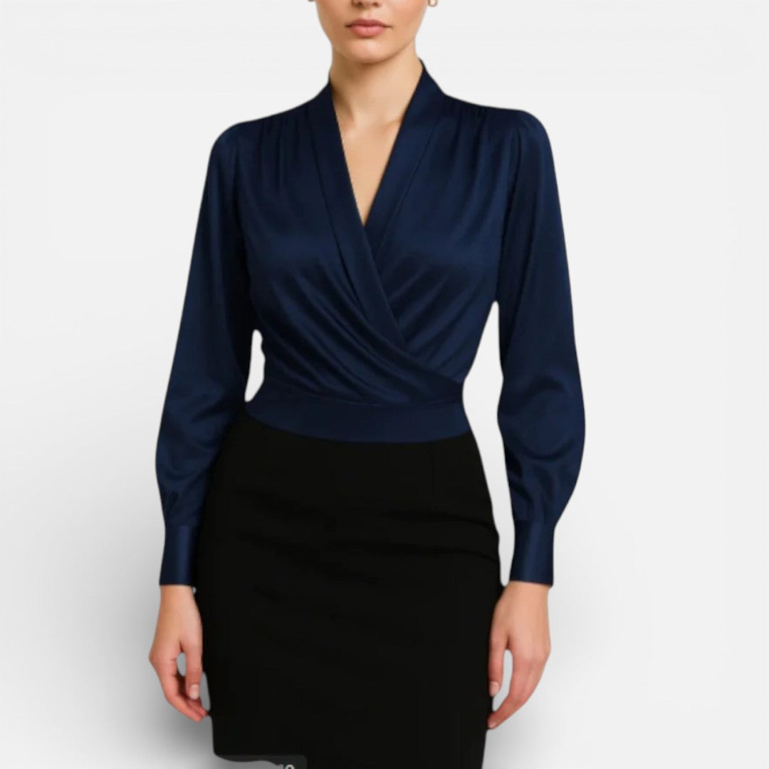 Damen Bluse Langarm V Ausschnitt Wickeloptik