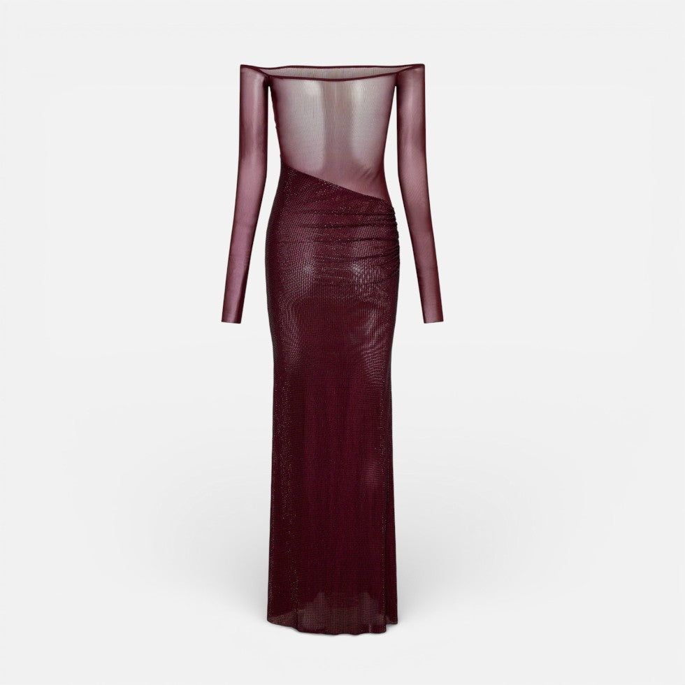 Langes Abendkleid mit Off Shoulder Schnitt und transparentem Oberteil