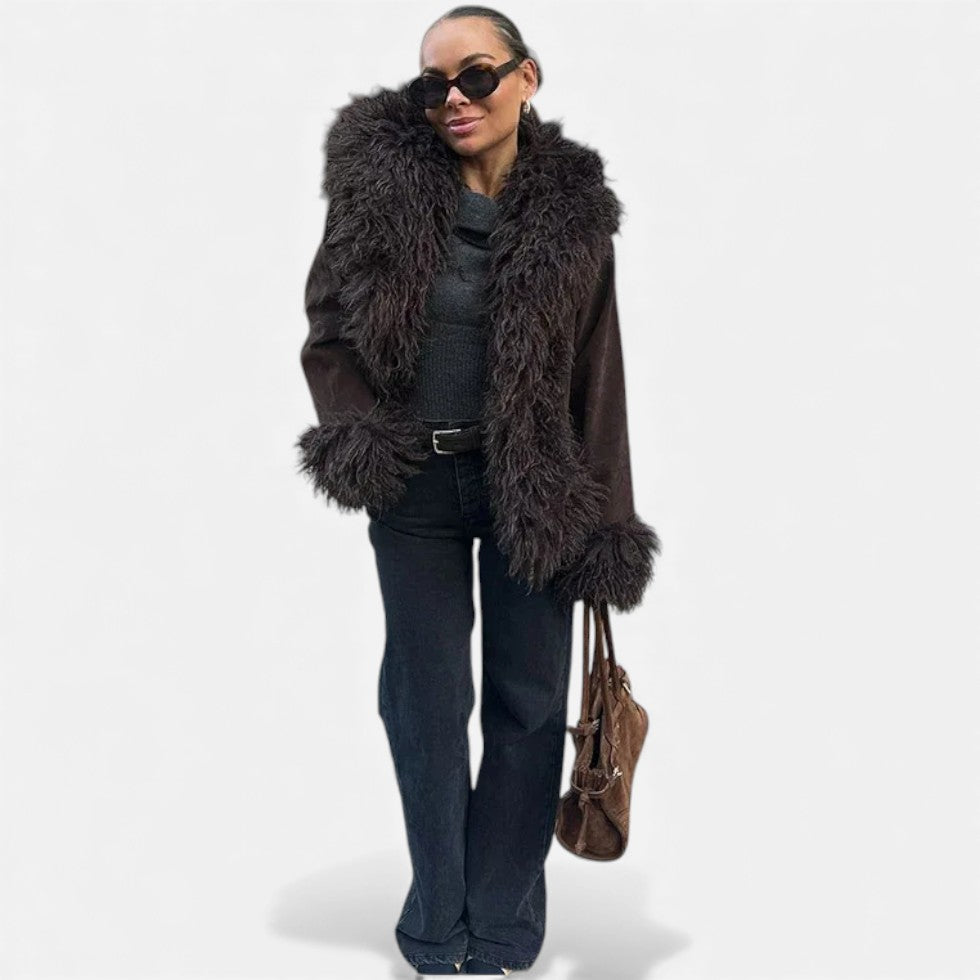 Damen Kunstpelz Jacke mit weitem Kragen
