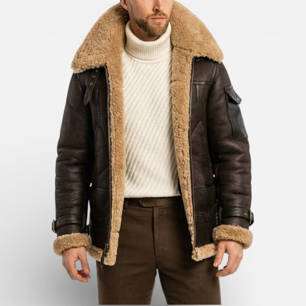 Herren Lederjacke mit Lammfellfutter und Reißverschluss