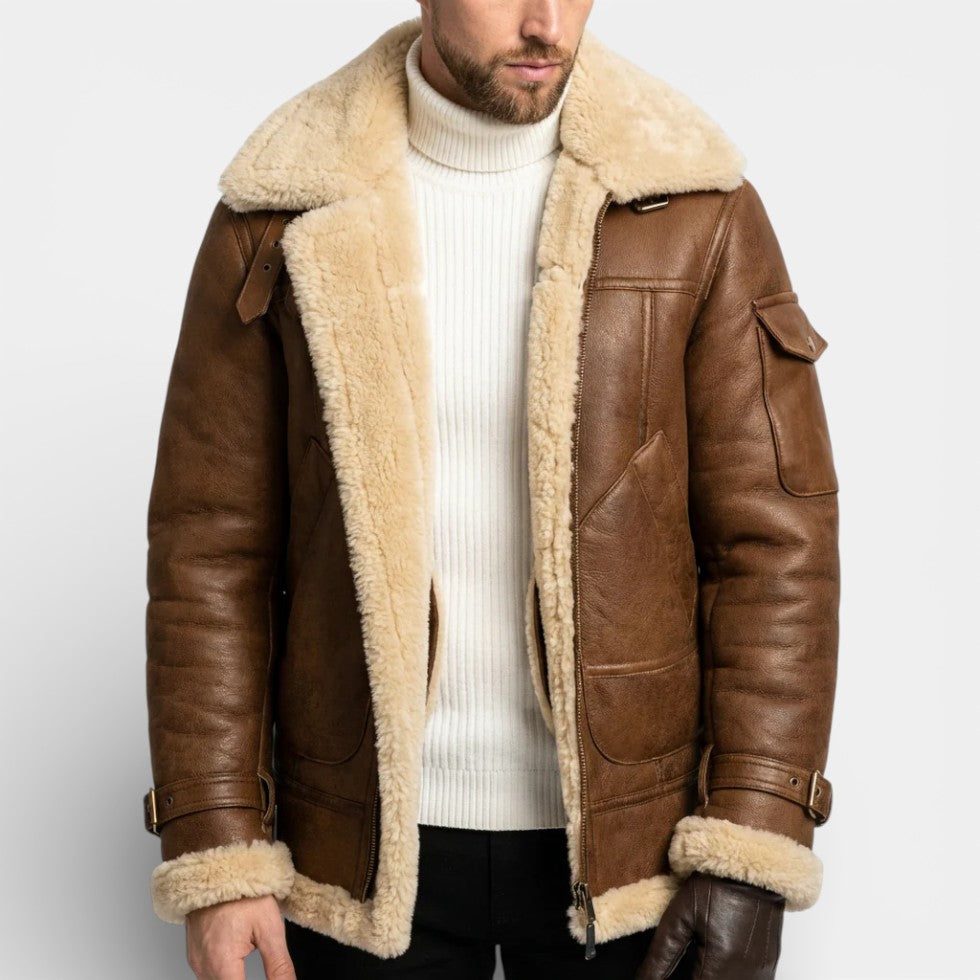 Herren Lederjacke mit Lammfellfutter und Reißverschluss