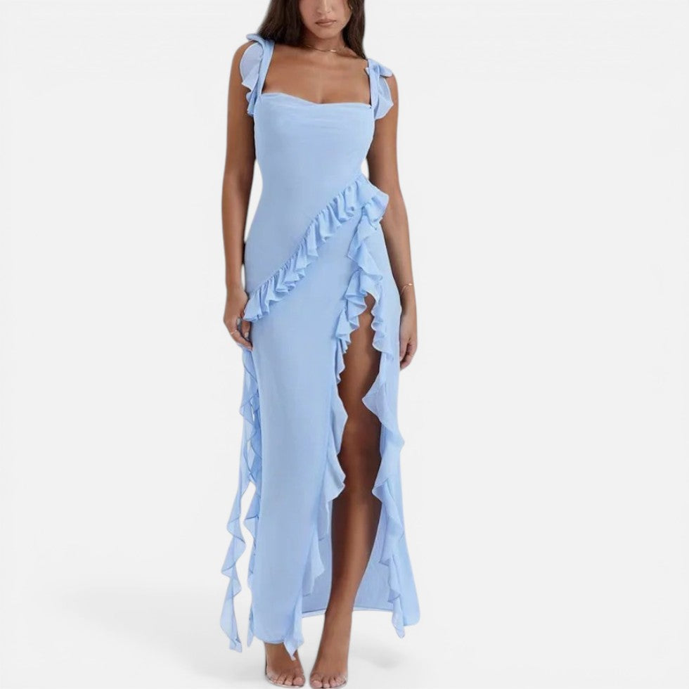 Maxikleid mit Rüschen und Beinschlitz