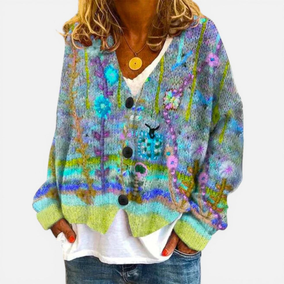 Damen Strickjacke mit Blumenmuster und Knöpfen