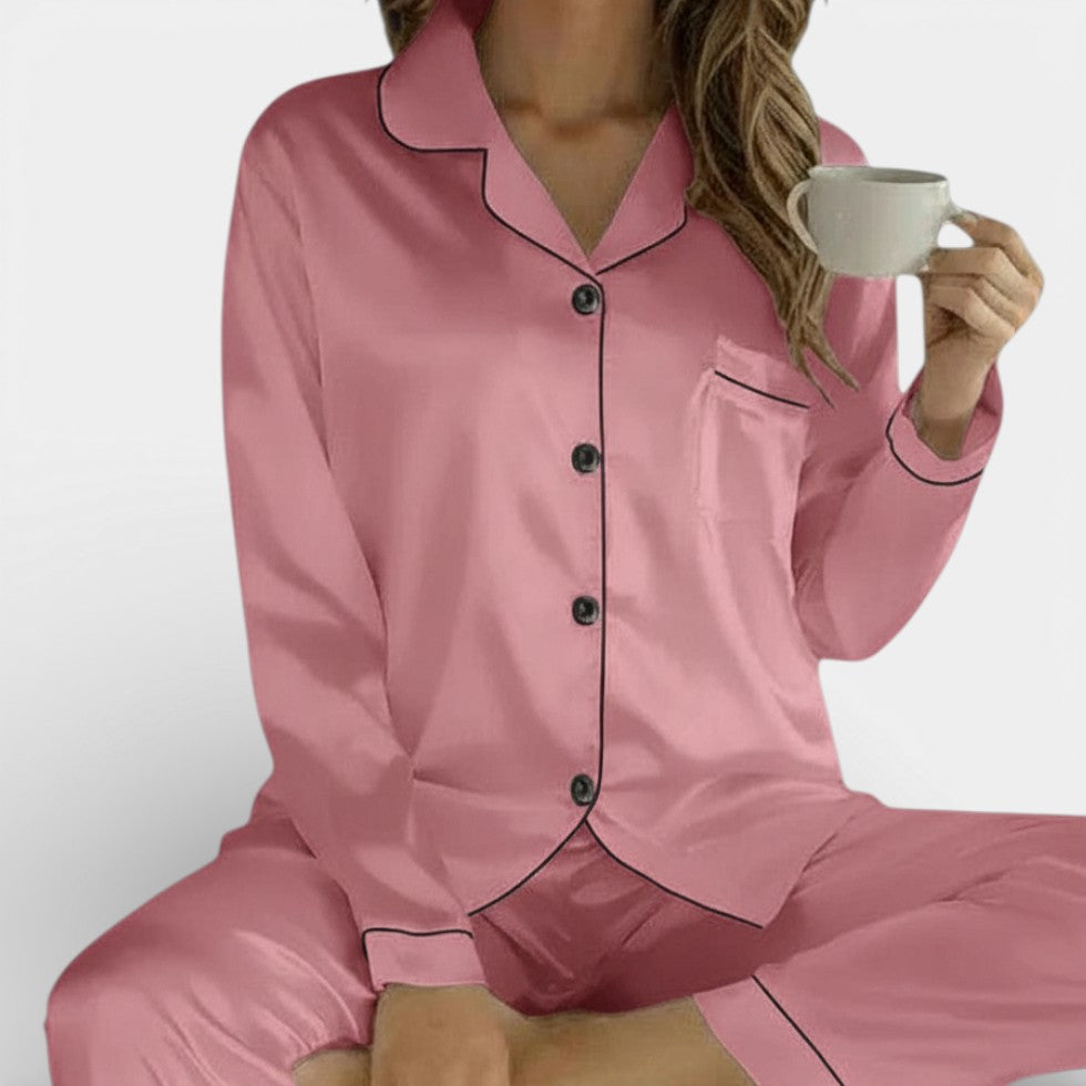 Damen Pyjama Set mit Knopfleiste und Langarm Oberteil