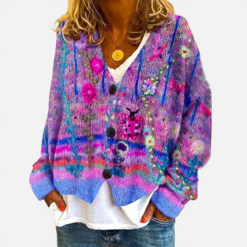 Damen Strickjacke mit Blumenmuster und Knöpfen