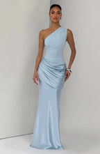 Damen Abendkleid lang aus Satin – One Shoulder Meerjungfrau-Kleid für Hochzeitsgast & Brautjungfer