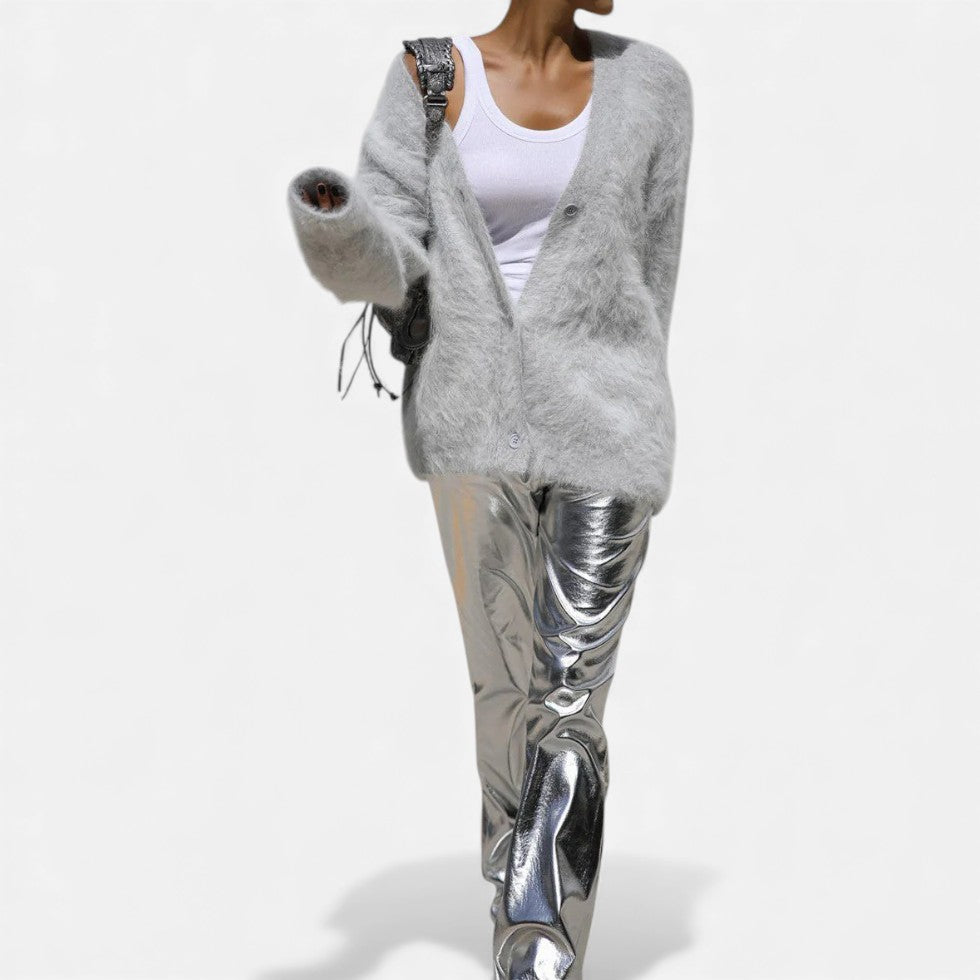 Damen Kaschmir Strickjacke Oversize – Winter Cardigan mit V-Ausschnitt