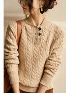 Kaschmir Strickpullover mit Zopfmuster und Knopfleiste