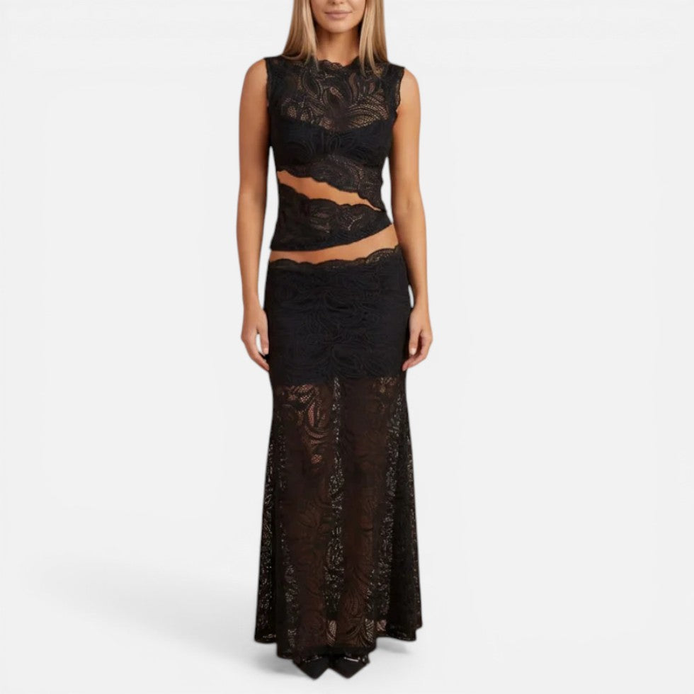Zweiteiliges Spitzenkleid mit Crop Top und Midirock