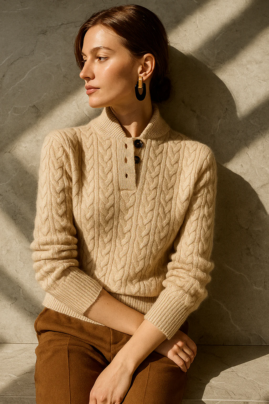 Kaschmir Strickpullover mit Zopfmuster und Knopfleiste