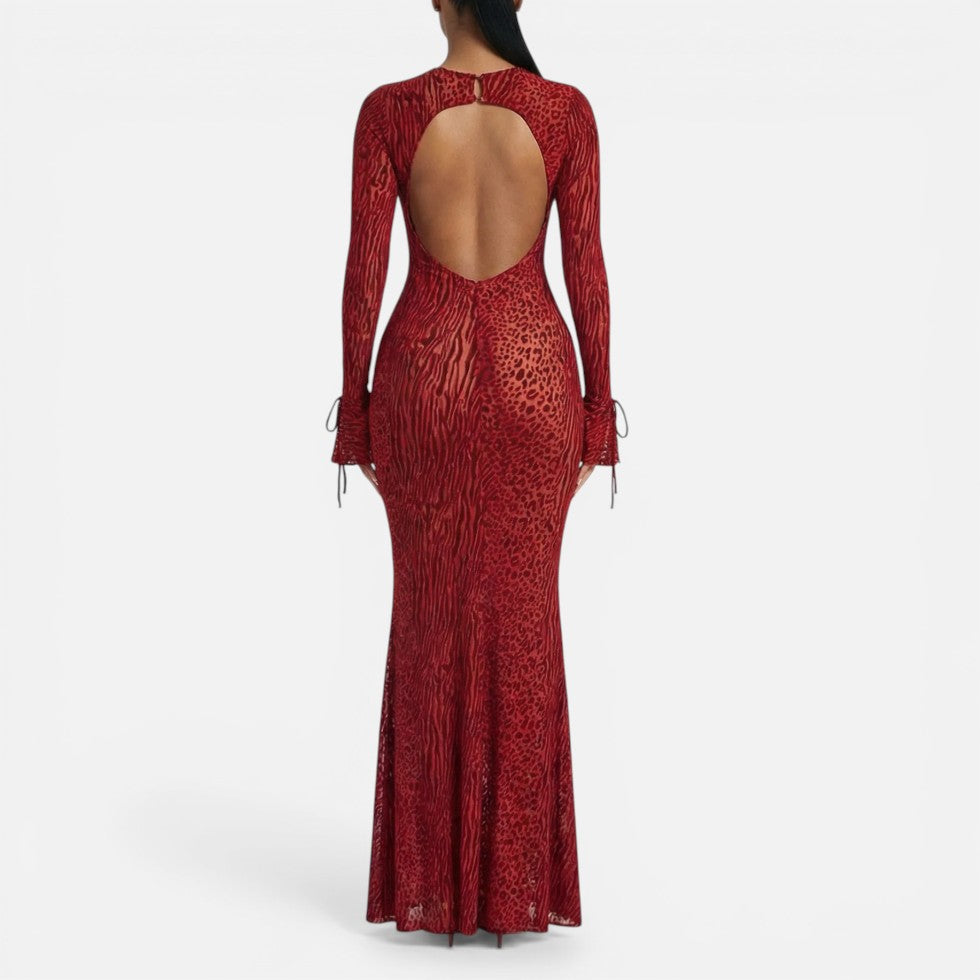 Damen Maxikleid mit Animalmuster und Rückenausschnitt