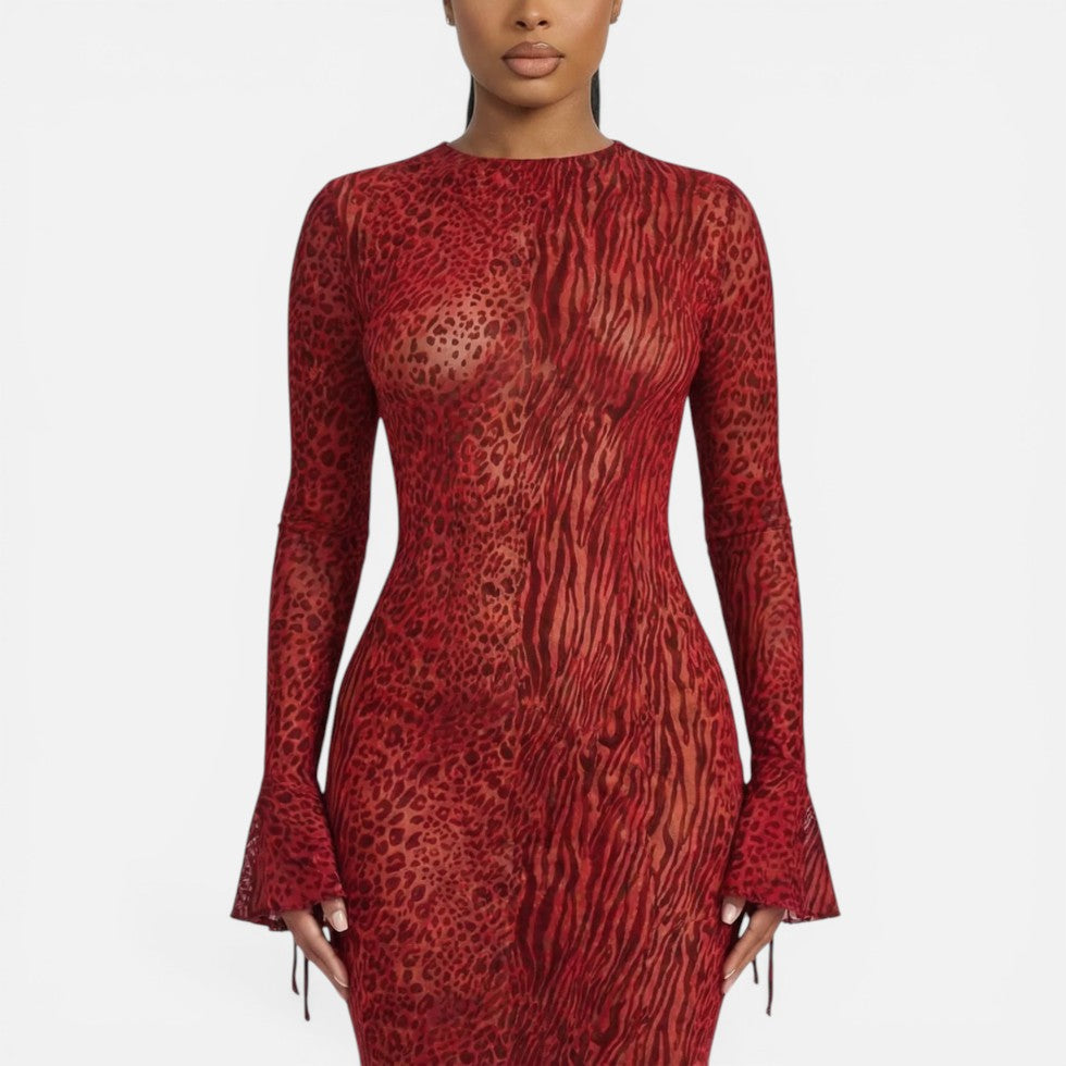 Damen Maxikleid mit Animalmuster und Rückenausschnitt