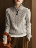 Kaschmir Strickpullover mit Zopfmuster und Knopfleiste