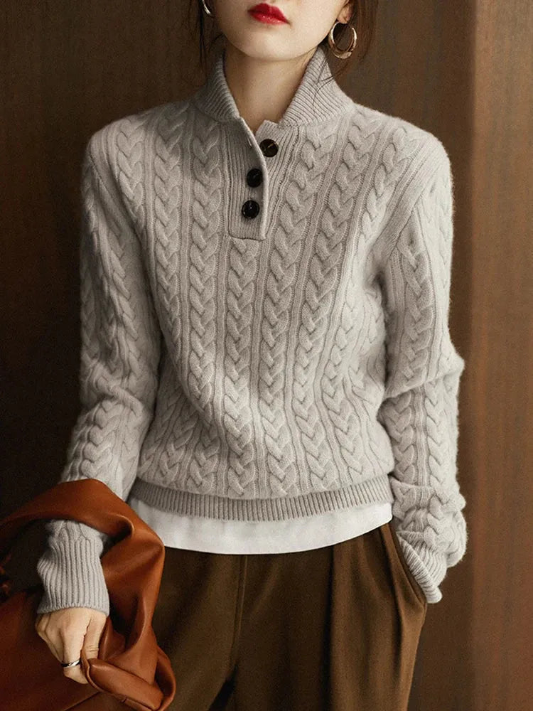 Kaschmir Strickpullover mit Zopfmuster und Knopfleiste
