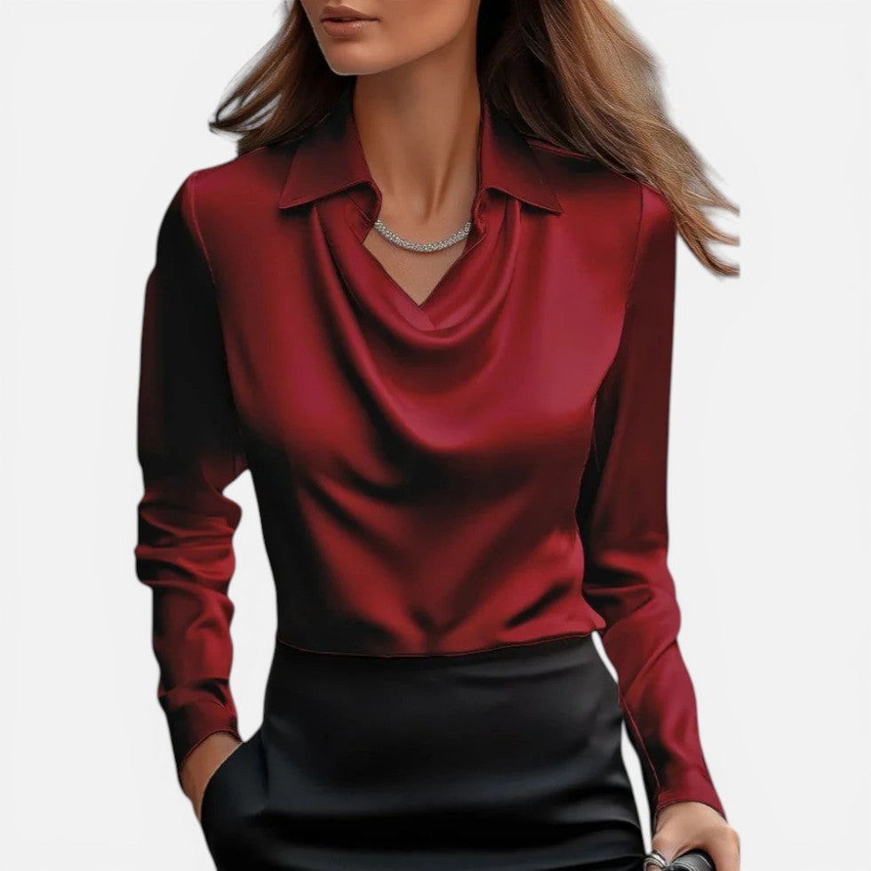 Damen Bluse mit Wasserfall Ausschnitt und langen Ärmeln
