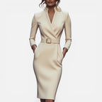 Midikleid mit Gürtel und V Ausschnitt