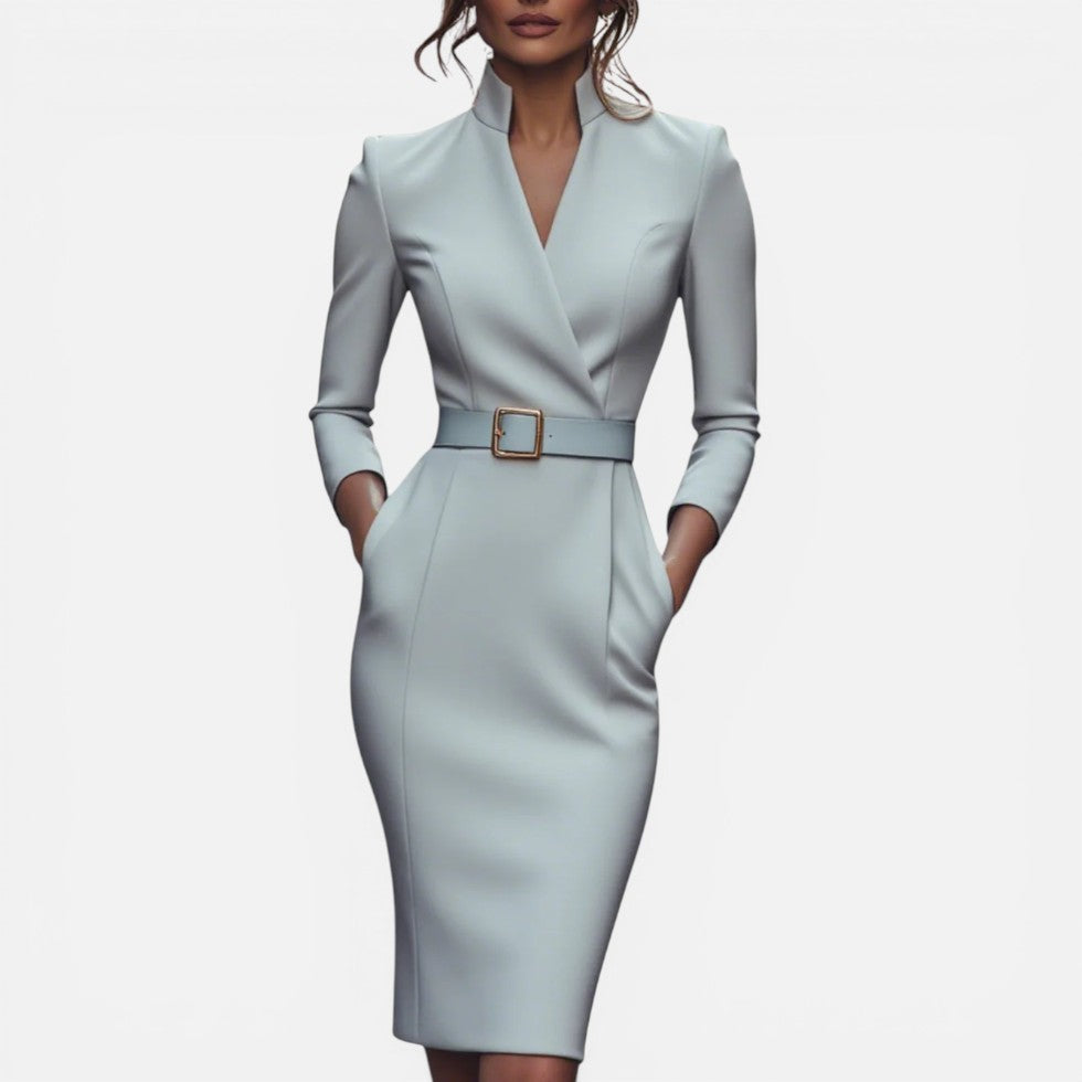Midikleid mit Gürtel und V Ausschnitt