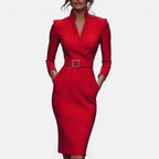 Midikleid mit Gürtel und V Ausschnitt