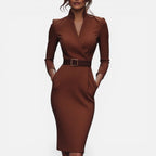 Midikleid mit Gürtel und V Ausschnitt