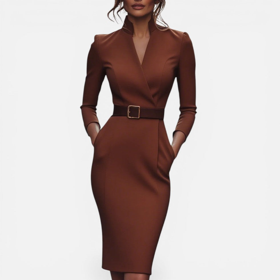 Midikleid mit Gürtel und V Ausschnitt
