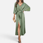 Damen Maxikleid mit V Ausschnitt und Taillengürtel