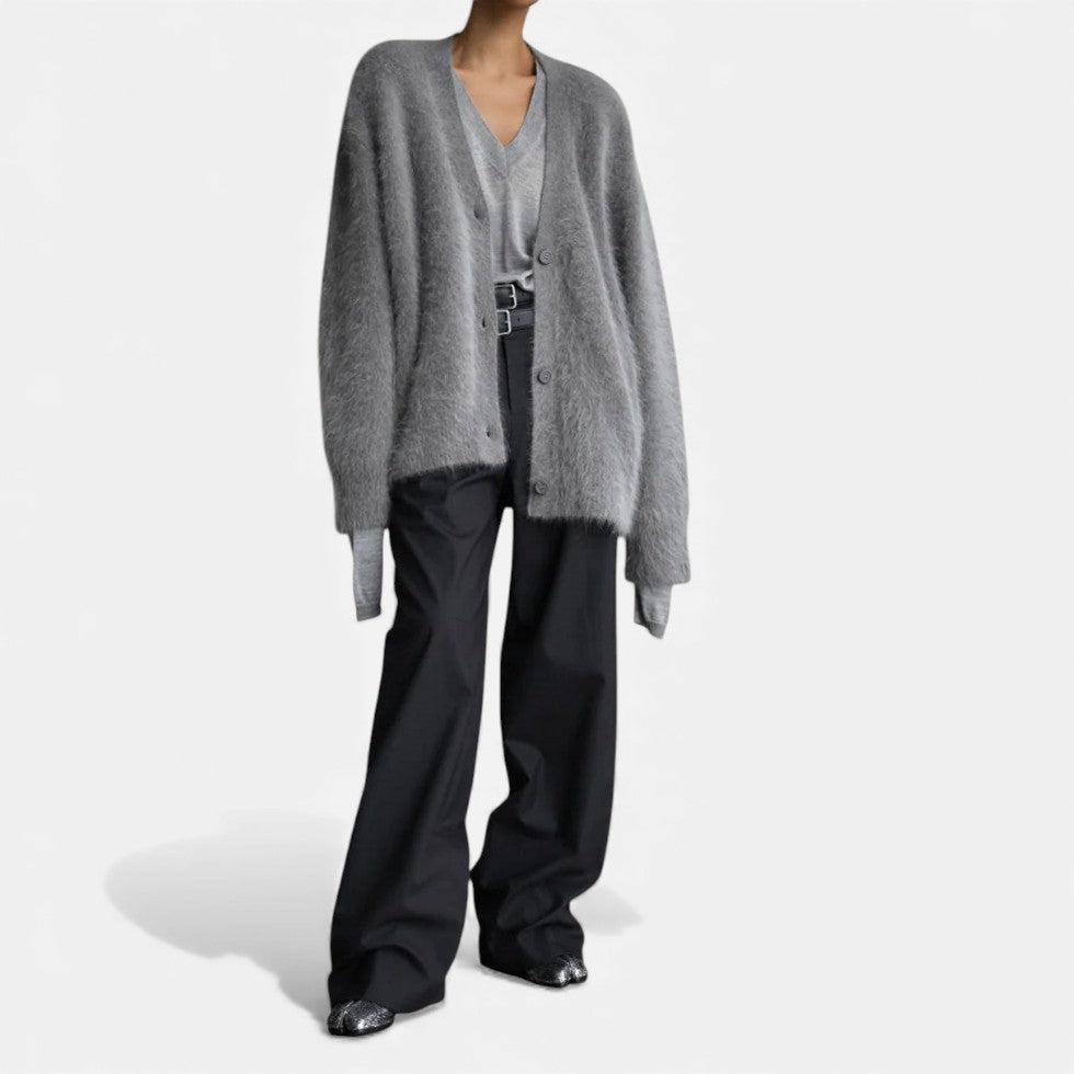 Damen Kaschmir Strickjacke Oversize – Winter Cardigan mit V-Ausschnitt
