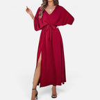 Damen Maxikleid mit V Ausschnitt und Taillengürtel