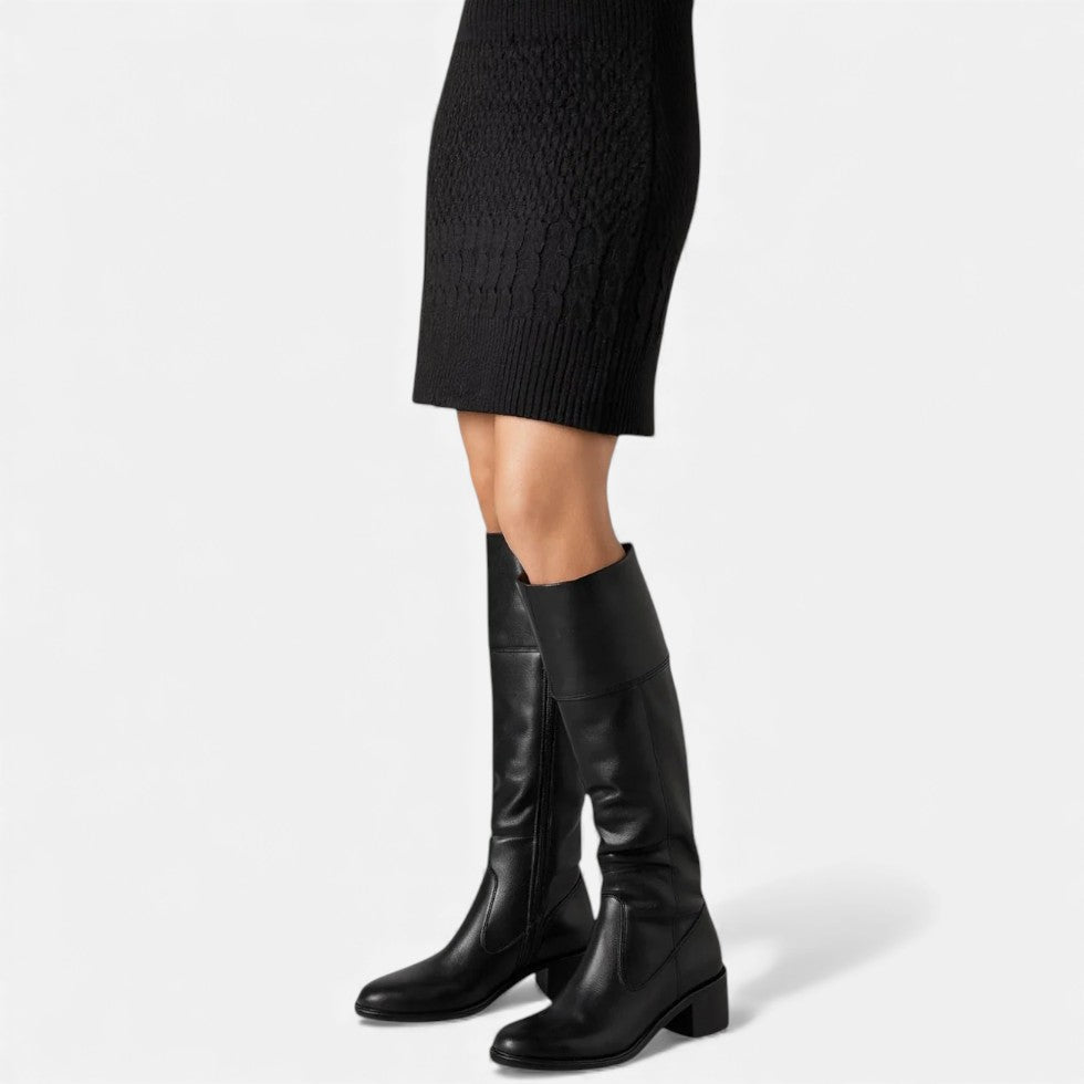 Damen Winterstiefel kniehoch gefüttert aus Leder mit Blockabsatz