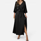 Damen Maxikleid mit V Ausschnitt und Taillengürtel