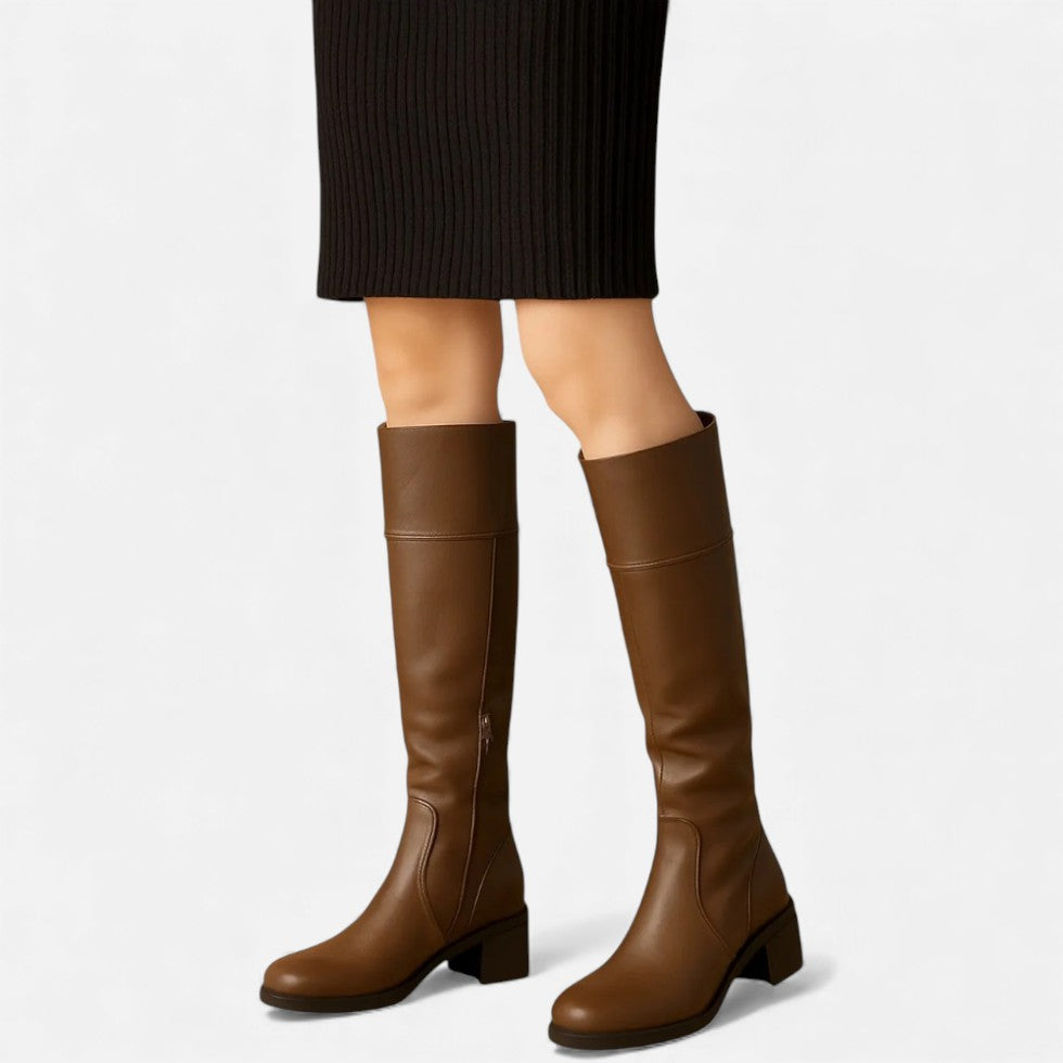 Damen Winterstiefel kniehoch gefüttert aus Leder mit Blockabsatz
