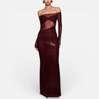 Langes Abendkleid mit Off Shoulder Schnitt und transparentem Oberteil