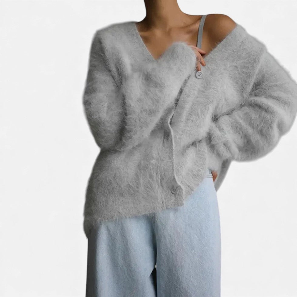 Damen Kaschmir Strickjacke Oversize – Winter Cardigan mit V-Ausschnitt