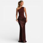 Damen Abendkleid lang aus Satin – One Shoulder Meerjungfrau-Kleid für Hochzeitsgast & Brautjungfer