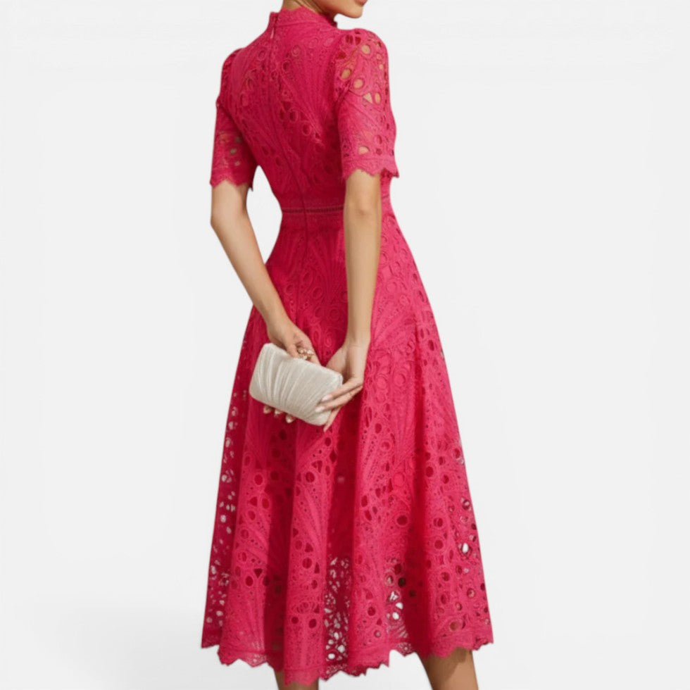 Damen Midikleid mit Lochstickerei und kurzen Ärmeln