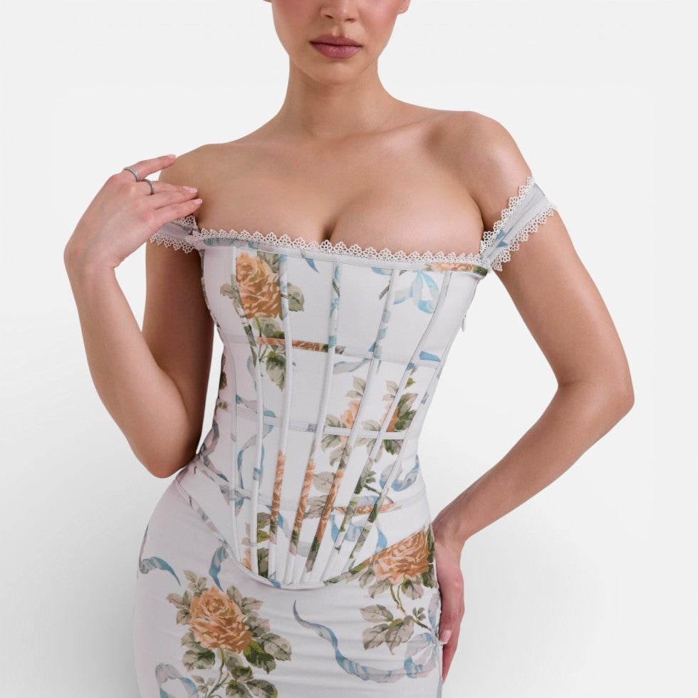 Langes Kleid mit Korsettoberteil und Blumenmuster