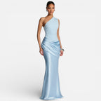Damen Abendkleid lang aus Satin – One Shoulder Meerjungfrau-Kleid für Hochzeitsgast & Brautjungfer