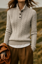 Kaschmir Strickpullover mit Zopfmuster und Knopfleiste