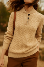 Kaschmir Strickpullover mit Zopfmuster und Knopfleiste