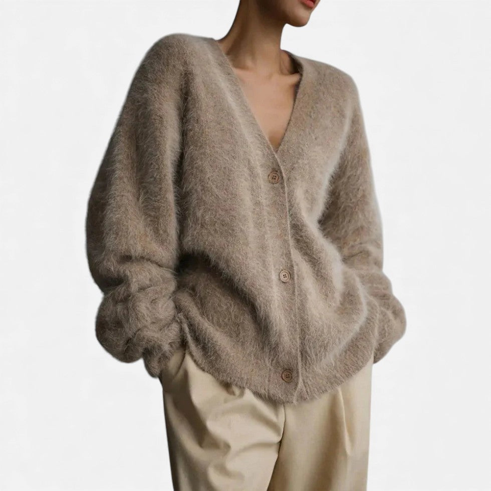 Damen Kaschmir Strickjacke Oversize – Winter Cardigan mit V-Ausschnitt