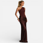 Damen Abendkleid lang aus Satin – One Shoulder Meerjungfrau-Kleid für Hochzeitsgast & Brautjungfer
