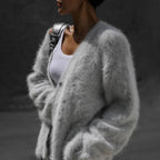 Damen Kaschmir Strickjacke Oversize – Winter Cardigan mit V-Ausschnitt