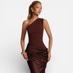 Damen Abendkleid lang aus Satin – One Shoulder Meerjungfrau-Kleid für Hochzeitsgast & Brautjungfer