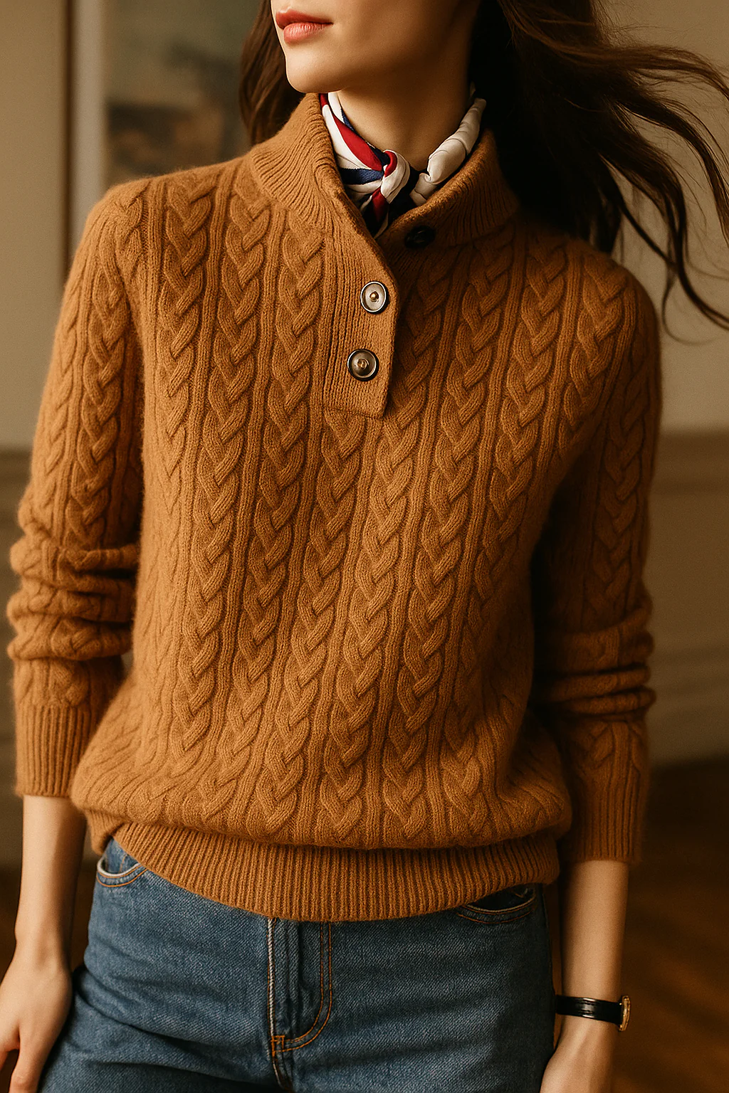 Kaschmir Strickpullover mit Zopfmuster und Knopfleiste