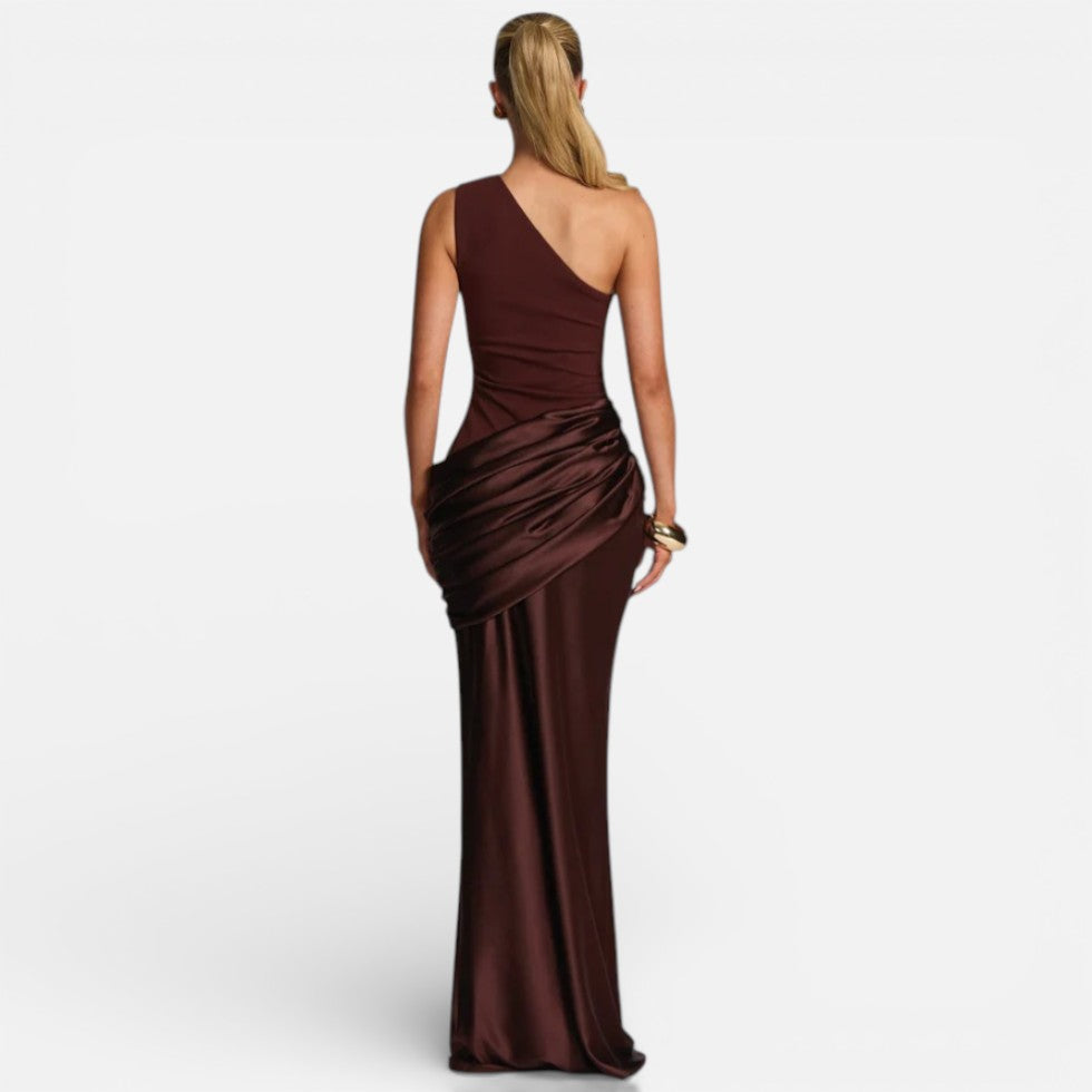 Damen Abendkleid lang aus Satin – One Shoulder Meerjungfrau-Kleid für Hochzeitsgast & Brautjungfer